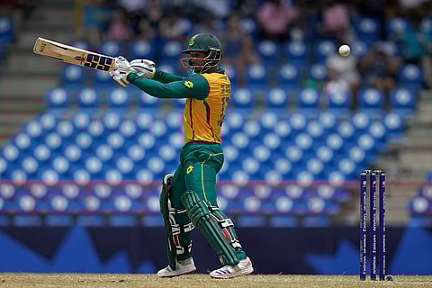 Quinton de Kock plays a shot against England
